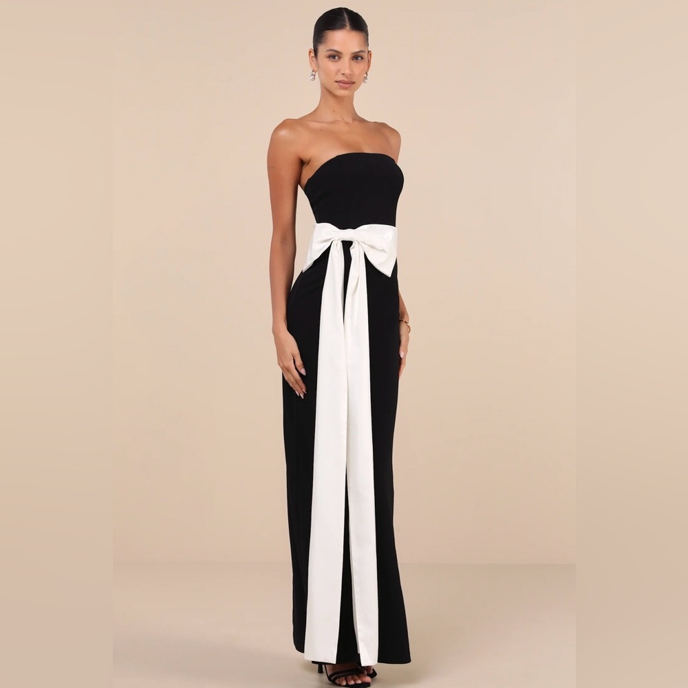 NWT Lulus Marvelous Vision Black Strapless Bow Column Maxi Dress - Size S